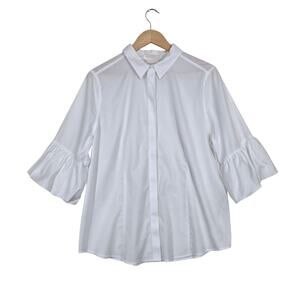 Chico’s No Iron Top Sz 2-L White Button Front Ruffle Sleeve Stretch Office Chic